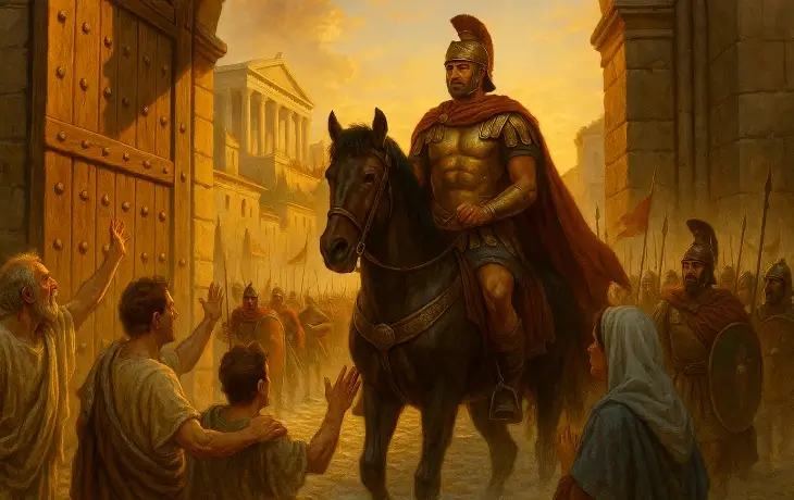 Hannibal’ın Tarentum’a girişini gösteren sahnede, at üzerindeki komutanı karşılayan halk ve arka planda antik şehrin tapınakları ile Roma mimarisi görülüyor.